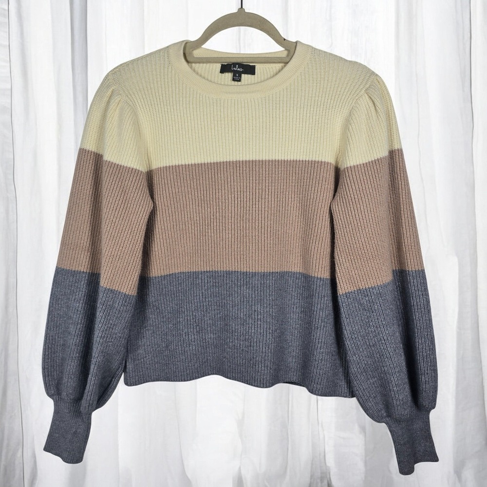 Lulus Sweater Woman Small Colorblock Long Balloon Sleeve Knit Cream Pink‎ Grey